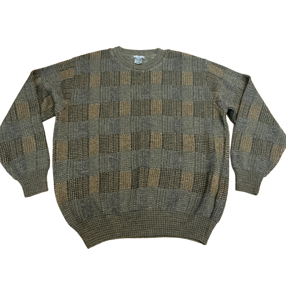 Sweater Men XL Brown Green Check Wool Blend Pullover Made in Italy Quiet luxury